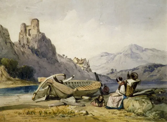 Framed Print : Figures and a boat on the shore of a lake, a house and ruined castle in the background, c1830s Framed Print : Figures and a boat on the shore of a lake, a house and ruined castle in the background, c1830s