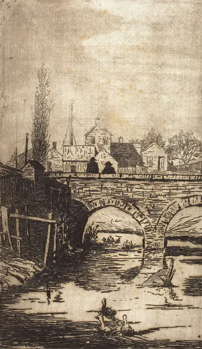 Framed Print : Figures on Bridge, 1883. Creator: Fred Hetherington Framed Print : Figures on Bridge, 1883. Creator: Fred Hetherington