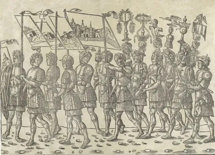 Framed Print : Figures carrying standards and trophies: from The Triumph of Caesar, 1504. Creator: Jacob von Strassburg Framed Print : Figures carrying standards and trophies: from The Triumph of Caesar, 1504. Creator: Jacob von Strassburg
