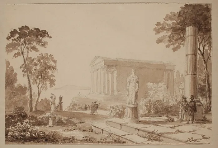 Framed Print : Figures in Classical Landscape, c1800-1850. Creator: Thomas Birch Framed Print : Figures in Classical Landscape, c1800-1850. Creator: Thomas Birch