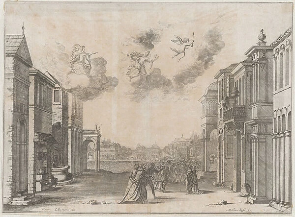 Figures gathered at a seaport as a ship arrives; set design from Il Fuoco Eterno, 1674. Creator: Mathaus Küsel