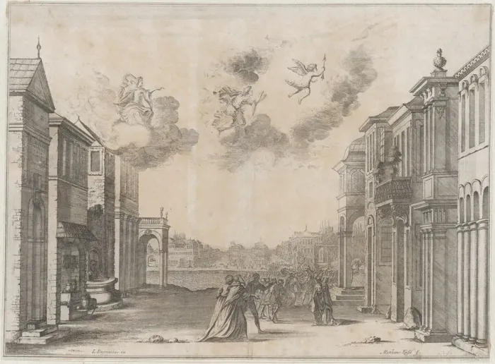 Framed Print : Figures gathered at a seaport as a ship arrives; set design from Il Fuoco Eterno, 1674. Creator: Mathaus Küsel Framed Print : Figures gathered at a seaport as a ship arrives; set design from Il Fuoco Eterno, 1674. Creator: Mathaus Küsel