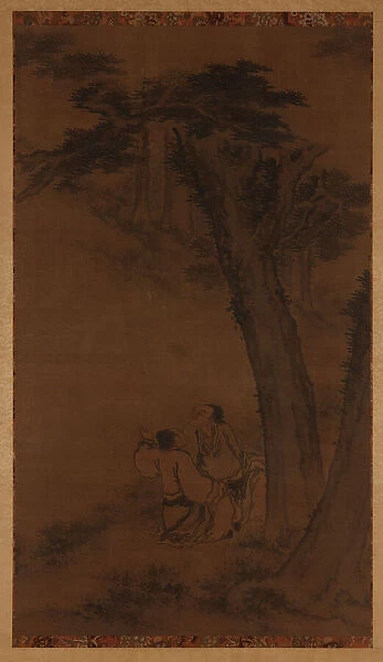 Two figures on a hillside under trees, Ming or Qing dynasty, 17th century