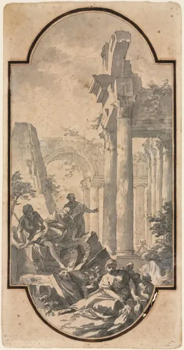 Framed Print : Figures Near the Ruins of a Corinthian Temple (recto); Fragment of an Arch (tracing from recto) Framed Print : Figures Near the Ruins of a Corinthian Temple (recto); Fragment of an Arch (tracing from recto)