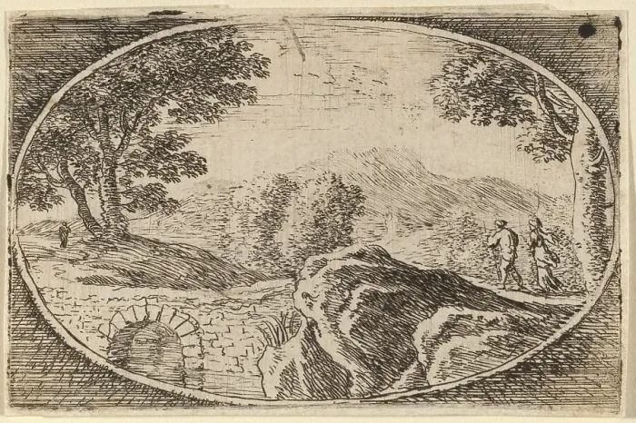 Framed Print : Two Figures near a Small Stone Bridge. Creator: Herman van Swanevelt Framed Print : Two Figures near a Small Stone Bridge. Creator: Herman van Swanevelt