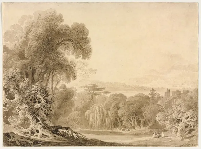 Framed Print : Figures Seated by a Lake in a Wooded Landscape, 1820. Creator: John Martin (British, 1789-1854) Framed Print : Figures Seated by a Lake in a Wooded Landscape, 1820. Creator: John Martin (British, 1789-1854)