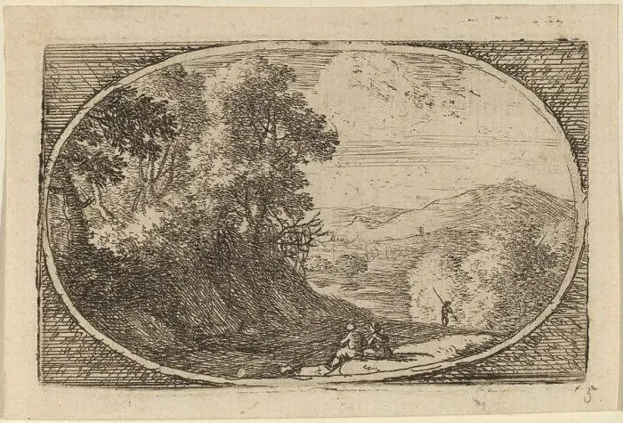 Framed Print : Two Figures Seated to the Right of a Road. Creator: Herman van Swanevelt Framed Print : Two Figures Seated to the Right of a Road. Creator: Herman van Swanevelt
