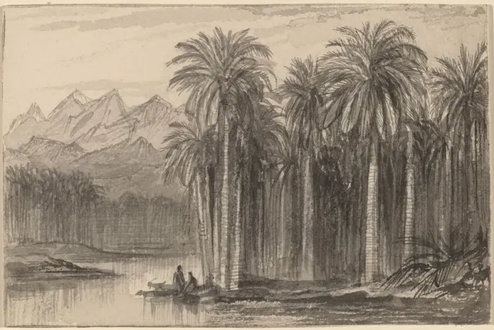 Framed Print : Figures Setting Out in Canoes from a Palm Grove (Wady Feiran), 1884 / 1885 Framed Print : Figures Setting Out in Canoes from a Palm Grove (Wady Feiran), 1884 / 1885