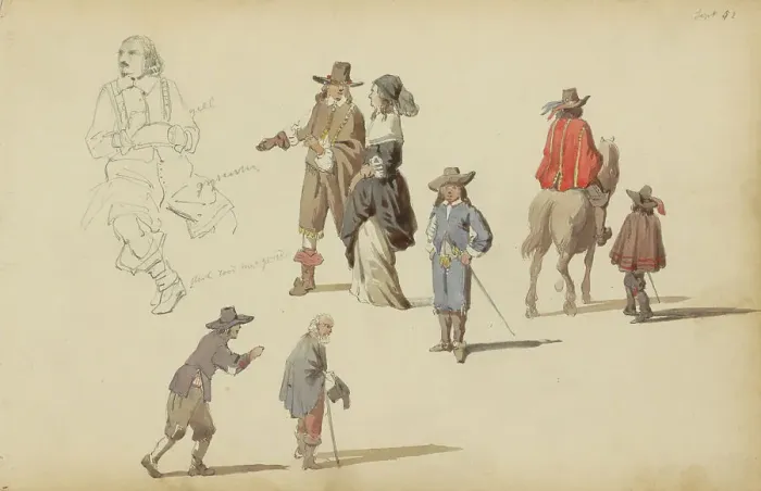 Framed Print : Figures in seventeenth-century clothing, 1852. Creator: Cornelis Springer Framed Print : Figures in seventeenth-century clothing, 1852. Creator: Cornelis Springer