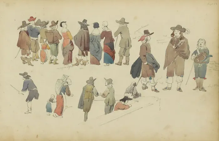 Framed Print : Figures in seventeenth-century clothing, 1852. Creator: Cornelis Springer Framed Print : Figures in seventeenth-century clothing, 1852. Creator: Cornelis Springer