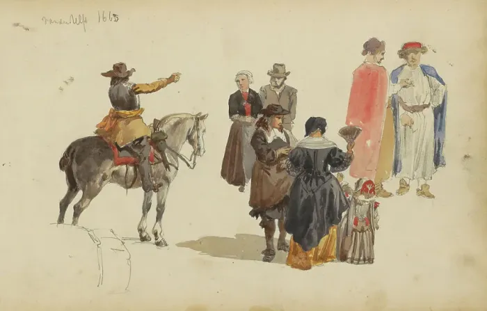 Framed Print : Figures in seventeenth-century clothing, c. 1846-c. 1882. Creator: Cornelis Springer Framed Print : Figures in seventeenth-century clothing, c. 1846-c. 1882. Creator: Cornelis Springer