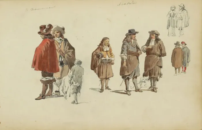Framed Print : Figures in seventeenth-century clothing, c. 1846-c. 1882. Creator: Cornelis Springer Framed Print : Figures in seventeenth-century clothing, c. 1846-c. 1882. Creator: Cornelis Springer