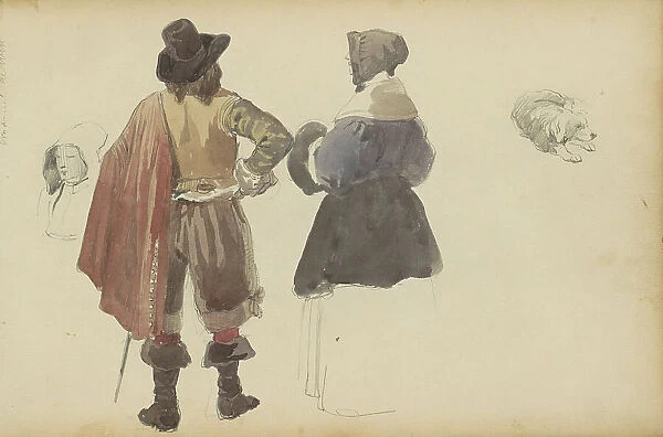 Figures in seventeenth-century clothing and a dog, c. 1846-c. 1882. Creator: Cornelis Springer