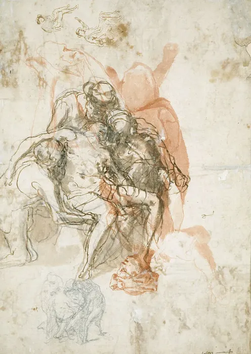Framed Print : Three Figures Supporting a Man, Smaller Sketch of the Same, and Studies for the... c.1558. Creator: Taddeo Zuccaro Framed Print : Three Figures Supporting a Man, Smaller Sketch of the Same, and Studies for the... c.1558. Creator: Taddeo Zuccaro