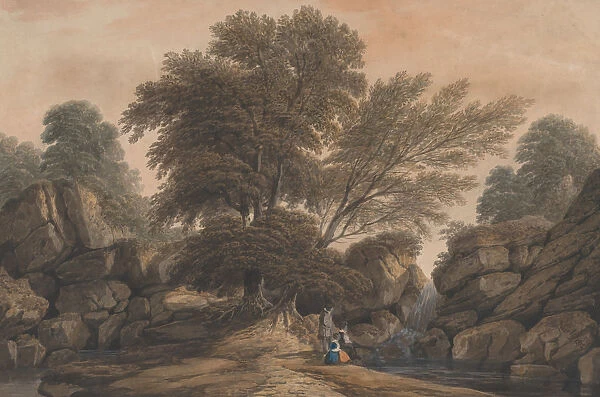 Figures Beside a Waterfall and Pool in a Wooded Landscape, 1812. Creator: John Varley I