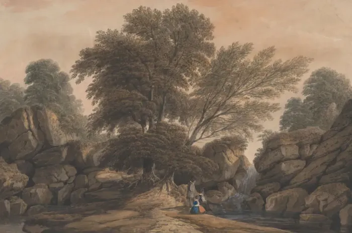 Framed Print : Figures Beside a Waterfall and Pool in a Wooded Landscape, 1812. Creator: John Varley I Framed Print : Figures Beside a Waterfall and Pool in a Wooded Landscape, 1812. Creator: John Varley I