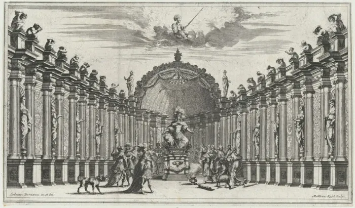 Framed Print : Figures worshipping the statue of an armed figure; set design from Il Pomo D'Oro, 1668. Creator: Mathaus Küsel Framed Print : Figures worshipping the statue of an armed figure; set design from Il Pomo D'Oro, 1668. Creator: Mathaus Küsel