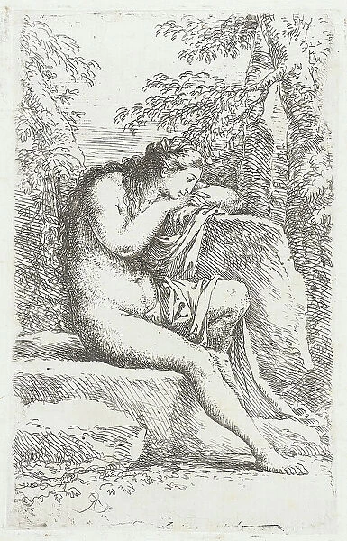 Figurine: Seated Female Nude, in Solitude, between circa 1656 and circa 1657. Creator: Salvator Rosa