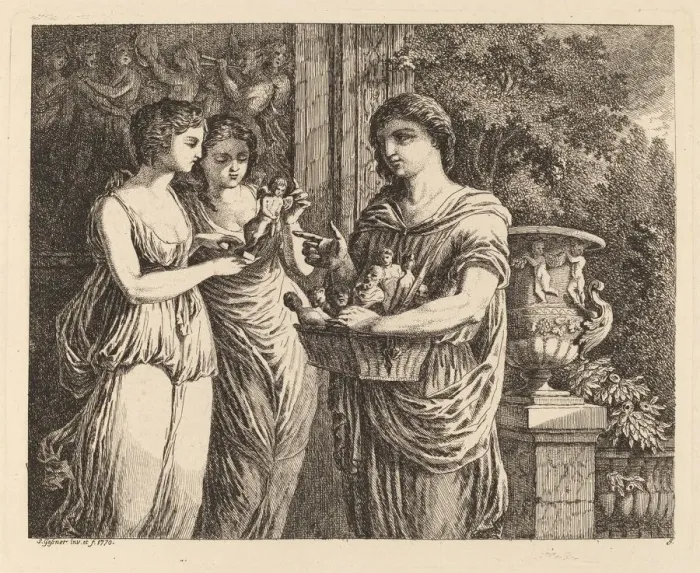 Framed Print : Figurine Seller with Two Girls, 1770. Creator: Salomon Gessner Framed Print : Figurine Seller with Two Girls, 1770. Creator: Salomon Gessner