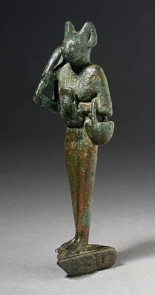 Figurine of Standing Cat Headed Goddess with Sistrum, Probably Ptolemaic Period (332-30 BCE). Creator: Unknown