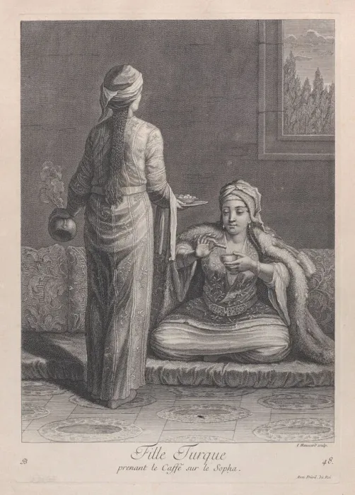 Framed Print : Fille Turque, prenant le Caffesur le Sopha, 1714-15. Creator: Unknown Framed Print : Fille Turque, prenant le Caffesur le Sopha, 1714-15. Creator: Unknown