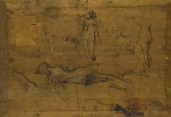 Fillette au ruban bleu (recto)  /  Cinq études de nus, un paon et une tête de profil (verso), 1865. Creator: Jean Jacques Henner