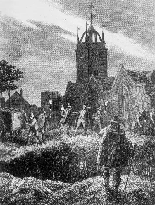 Framed Print : Filling a mass grave at night during the Plague of London, c1665 Framed Print : Filling a mass grave at night during the Plague of London, c1665
