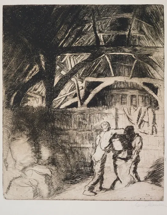 Framed Print : Filling sacks, 1912. Creator: George Clausen Framed Print : Filling sacks, 1912. Creator: George Clausen