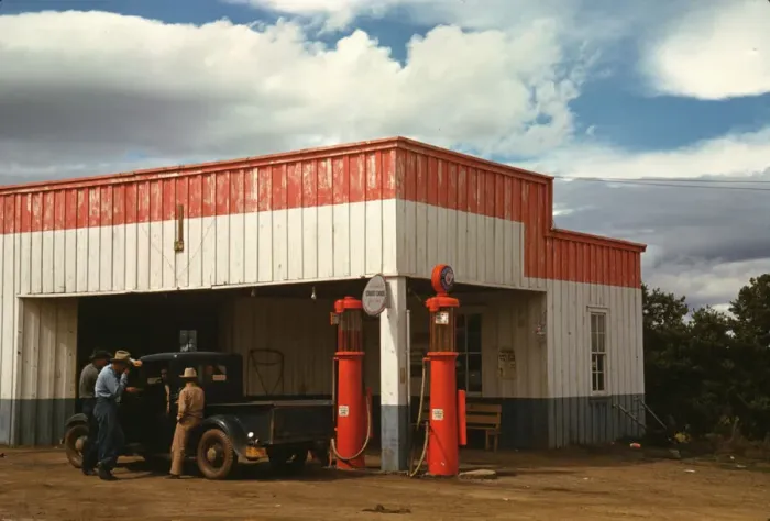 Framed Print : Filling station and garage at Pie Town, New Mexico, 1940. Creator: Russell Lee Framed Print : Filling station and garage at Pie Town, New Mexico, 1940. Creator: Russell Lee