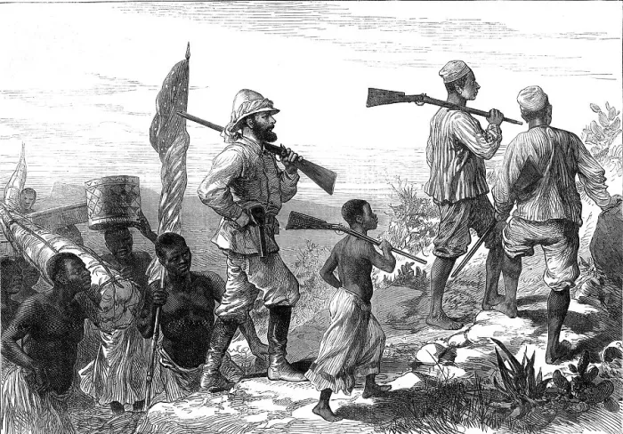 Framed Print : The Finding of Dr. Livingstone: Mr. Stanley and his retinue in Africa, 1872. Creator: Unknown Framed Print : The Finding of Dr. Livingstone: Mr. Stanley and his retinue in Africa, 1872. Creator: Unknown