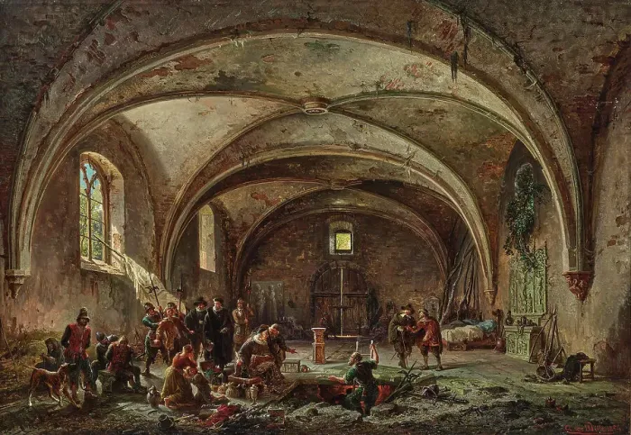 Framed Print : Finding of a gang of thieves in an abandoned chapel, 1854. Creator: Wille, August von (1829-1887) Framed Print : Finding of a gang of thieves in an abandoned chapel, 1854. Creator: Wille, August von (1829-1887)