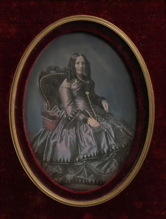 Framed Print : Finely Dressed Woman Seated in Armchair, 1850s. Creator: Unknown Framed Print : Finely Dressed Woman Seated in Armchair, 1850s. Creator: Unknown