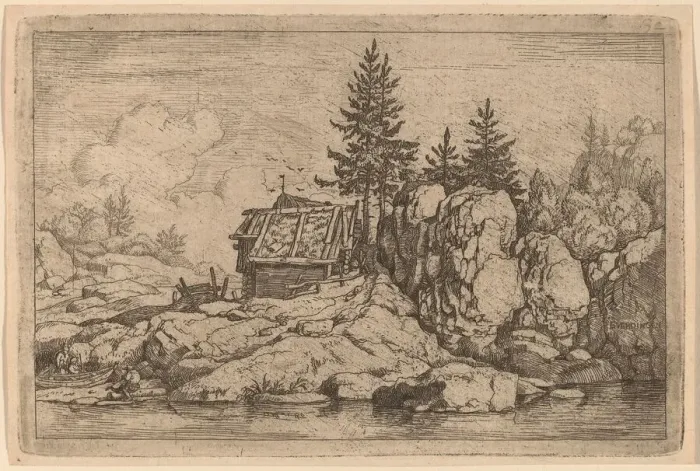 Framed Print : Two Fir Trees near Cottages, probably c. 1645 / 1656. Creator: Allart van Everdingen Framed Print : Two Fir Trees near Cottages, probably c. 1645 / 1656. Creator: Allart van Everdingen