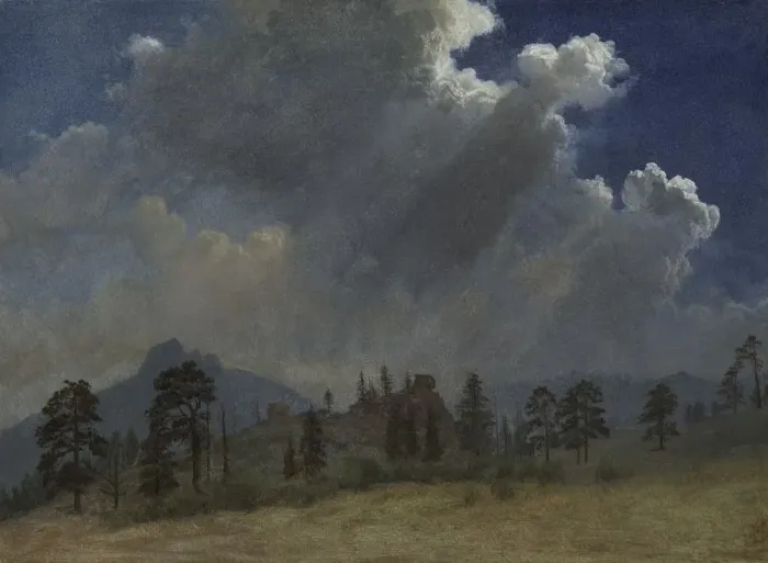 Framed Print : Fir Trees and Storm Clouds, c. 1870. Creator: Albert Bierstadt (American, 1830-1902)