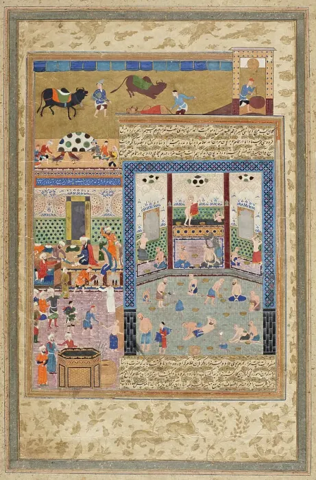 Framed Print : Firdawsi Receiving Wages in a Bathhouse... between c1550 and c1575. Creator: Unknown Framed Print : Firdawsi Receiving Wages in a Bathhouse... between c1550 and c1575. Creator: Unknown