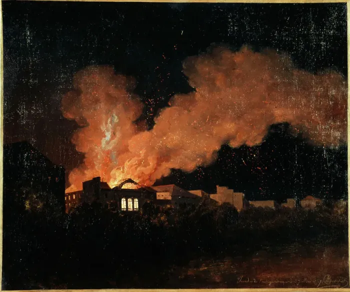 Framed Print : Fire at the Ambigu-Comique theatre on July 13, 1827, 1827. Creator: Antoine-Felix Boisselier Framed Print : Fire at the Ambigu-Comique theatre on July 13, 1827, 1827. Creator: Antoine-Felix Boisselier