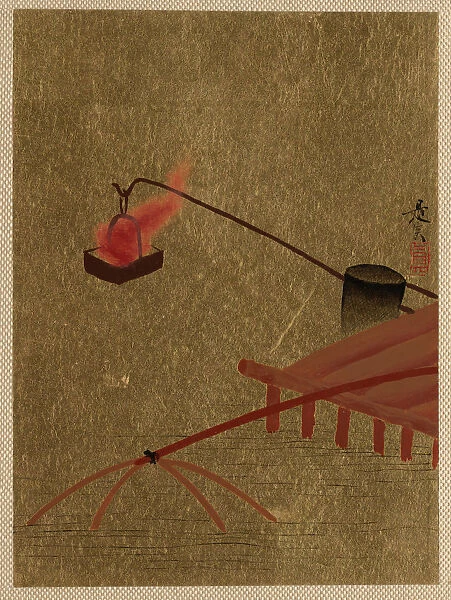 Fire Basket Suspended from Dock over a Fish Net in the Water. Creator: Shibata Zeshin