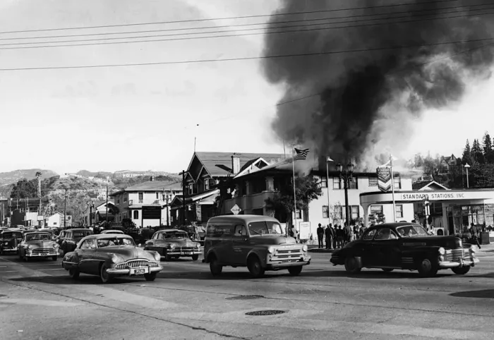Framed Print : Fire in building causing traffic to slow, Glendale, Burbank, California 1951. Creator: Unknown Framed Print : Fire in building causing traffic to slow, Glendale, Burbank, California 1951. Creator: Unknown