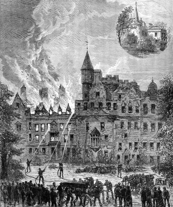 Framed Print : Fire at Cortachy Castle, Scotland, the seat of the Earl of Airlie, 1883. Creator: Unknown Framed Print : Fire at Cortachy Castle, Scotland, the seat of the Earl of Airlie, 1883. Creator: Unknown
