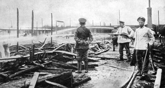 Framed Print : A fire damaged prison camp in Germany, World War I, 1915 Framed Print : A fire damaged prison camp in Germany, World War I, 1915