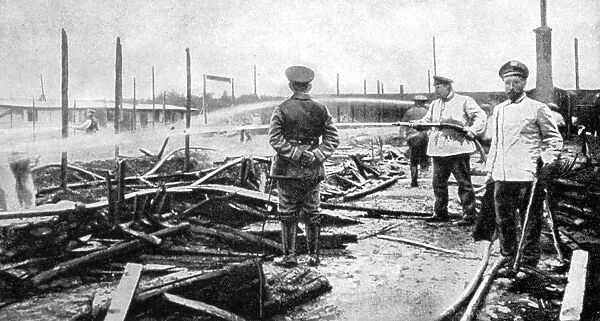 A fire damaged prison camp in Germany, World War I, 1915