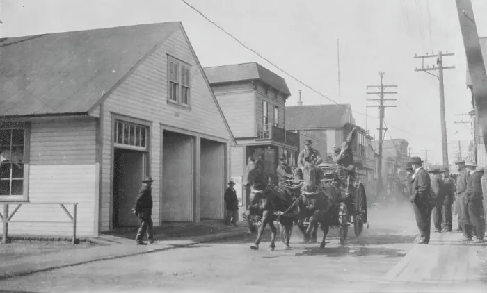 Framed Print : Fire drill, between c1900 and 1916. Creator: Unknown Framed Print : Fire drill, between c1900 and 1916. Creator: Unknown