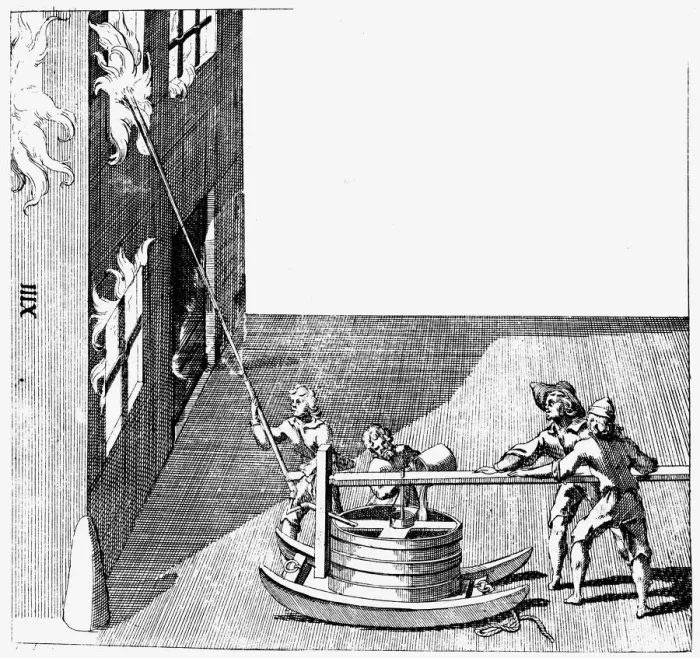 Framed Print : Fire engine, from Isaac de Caus Nouvelle Invention de Lever l Eau Plus Hault, 1664. Artist: Isaac de Caus Framed Print : Fire engine, from Isaac de Caus Nouvelle Invention de Lever l Eau Plus Hault, 1664. Artist: Isaac de Caus