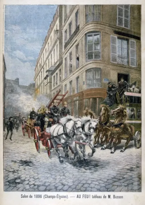 Framed Print : Fire engine on the way to a fire, Paris, 1896. Artist: G Busson