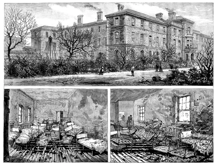 Framed Print : Fire at Forest Gate...School...: general view and dormitories where children were suffocated, 1890. Creator: Unknown Framed Print : Fire at Forest Gate...School...: general view and dormitories where children were suffocated, 1890. Creator: Unknown