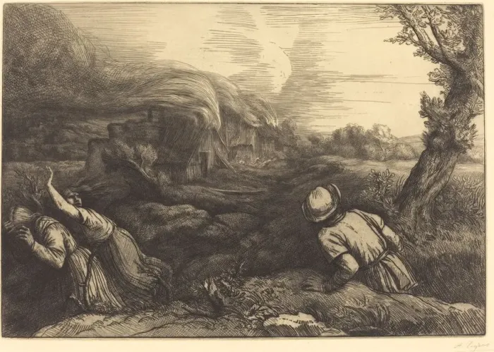 Framed Print : Fire in the Hamlet (L incendie du hameau). Creator: Alphonse Legros Framed Print : Fire in the Hamlet (L incendie du hameau). Creator: Alphonse Legros