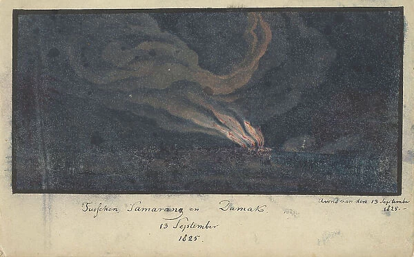 Fire in a landscape in Central Java, 1825, (1825). Creator: Anon