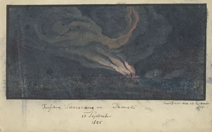 Framed Print : Fire in a landscape in Central Java, 1825, (1825). Creator: Anon Framed Print : Fire in a landscape in Central Java, 1825, (1825). Creator: Anon