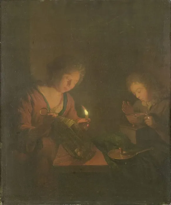 Framed Print : Fire and Light (A Girl Places a Candle in a Lantern and a Boy Blows on the Coals... 1690-1706. Creator: Godfried Schalcken) Framed Print : Fire and Light (A Girl Places a Candle in a Lantern and a Boy Blows on the Coals... 1690-1706. Creator: Godfried Schalcken)