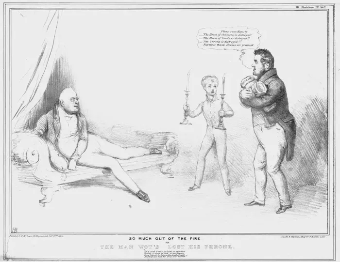 Framed Print : So Much out of the Fire or The Man Wots Lost His Throne, 1834. Creator: John Doyle Framed Print : So Much out of the Fire or The Man Wots Lost His Throne, 1834. Creator: John Doyle